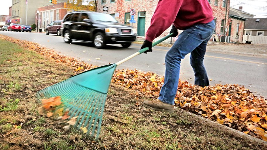 a man raking leaves in the fall in pendleton, indiana