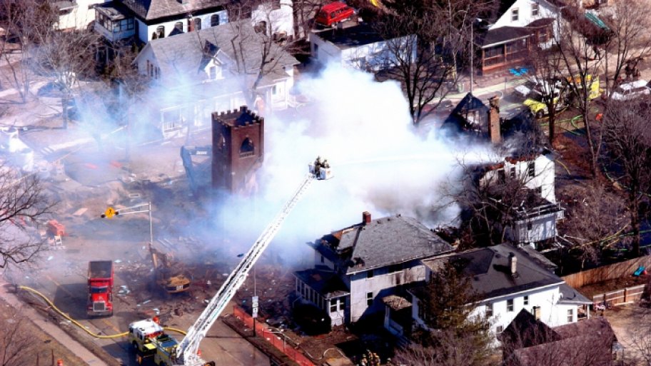 The First Baptist Church of Oconomowoc, Wisc., exploded due to a natural gas leak on April 2, 2008. (Photo courtesy of the City of Oconomowoc, Wisc.)